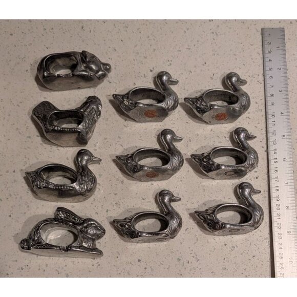 Vintage Shafford Pewter Animal Napkin Rings Set 10 Ducks Rabbit Hen Pig - Picture 13 of 16